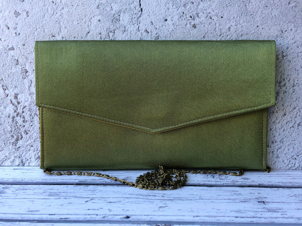 Olive Green Satin Fold Over Envelope Clutch Bag