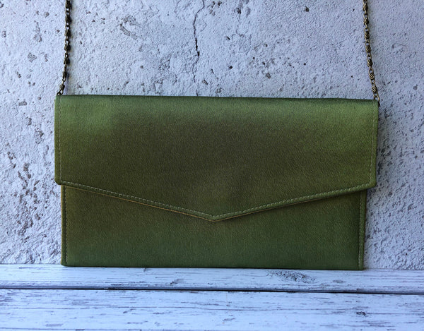 Olive Green Satin Fold Over Envelope Clutch Bag