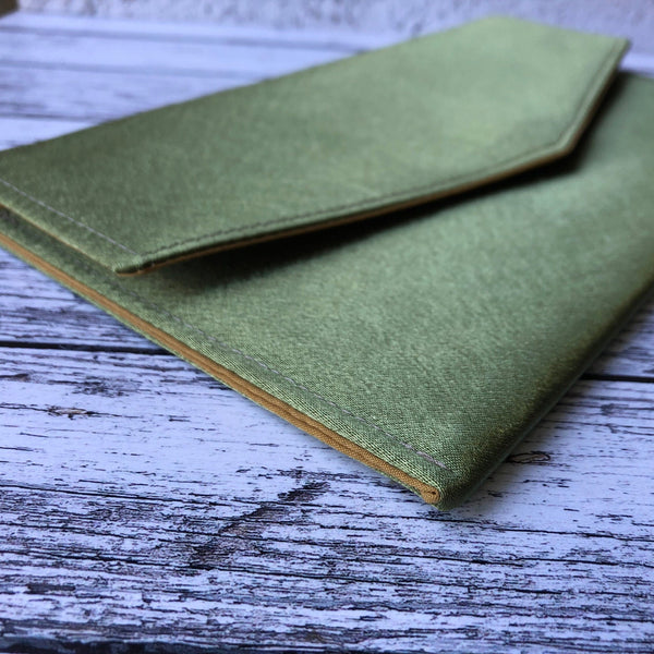 Olive Green Satin Fold Over Envelope Clutch Bag