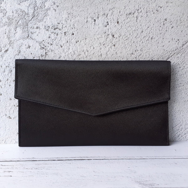 Black Satin Foldover Envelope Clutch Bag