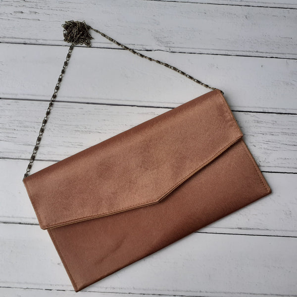 Copper Bronze Satin Fold Over Envelope Clutch Bag