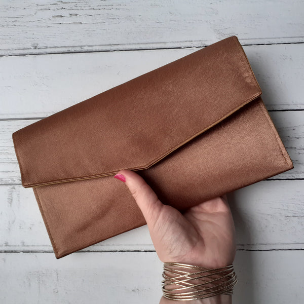 Copper Bronze Satin Fold Over Envelope Clutch Bag