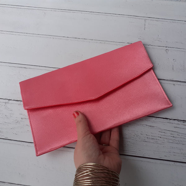 Coral Pink Fold Over Envelope Satin Clutch Bag