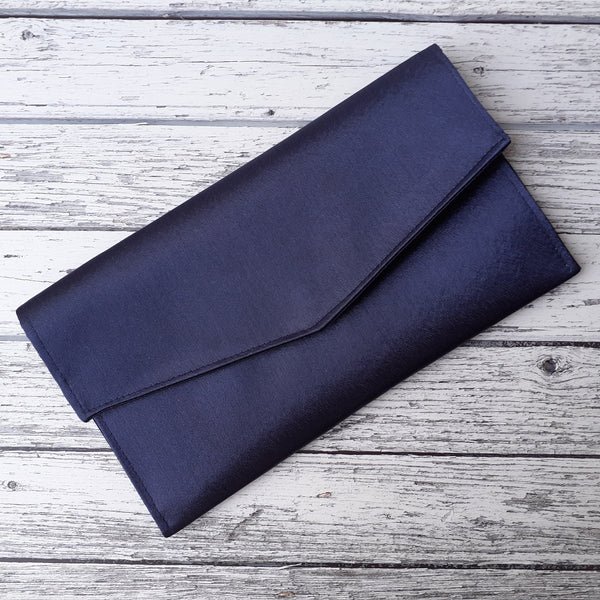 Navy Blue Satin Fold Over Envelope Clutch Bag