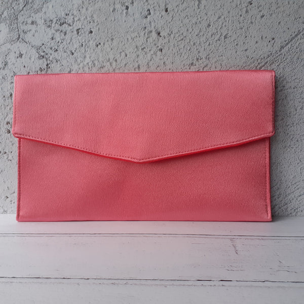 Coral Pink Fold Over Envelope Satin Clutch Bag