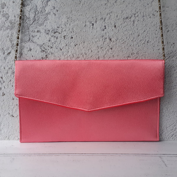 Coral Pink Fold Over Envelope Satin Clutch Bag