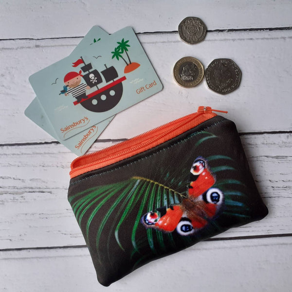 Handmade Green Tropical Leaf Red Butterfly Satin Coin Zipper Purse Pouch