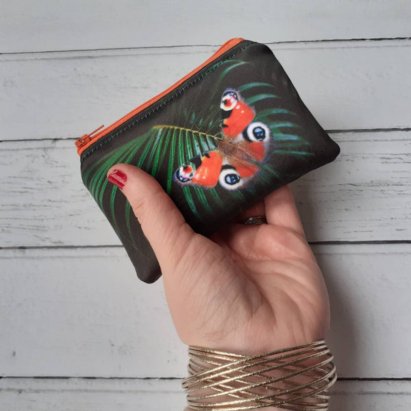 Handmade Green Tropical Leaf Red Butterfly Satin Coin Zipper Purse Pouch