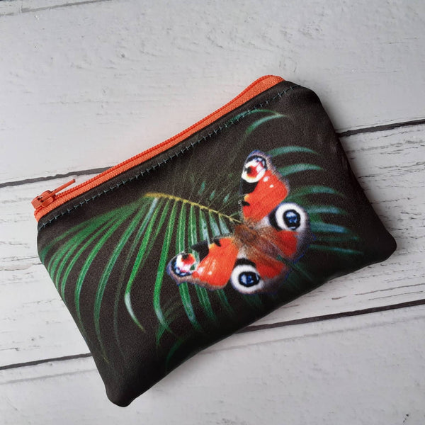 Handmade Green Tropical Leaf Red Butterfly Satin Coin Zipper Purse Pouch