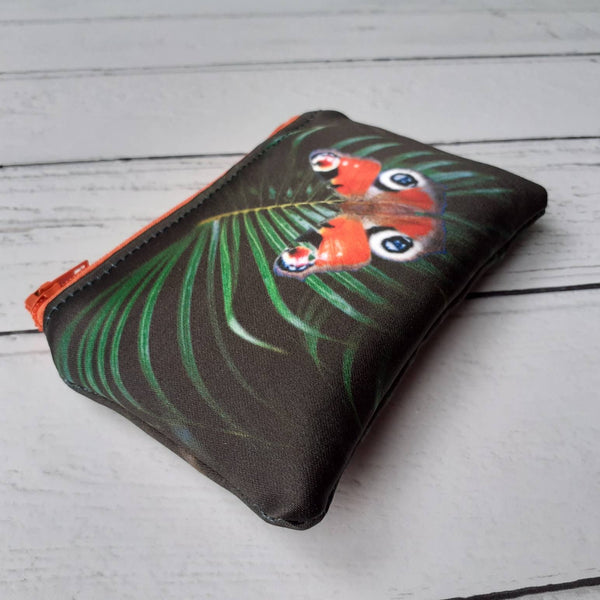 Handmade Green Tropical Leaf Red Butterfly Satin Coin Zipper Purse Pouch