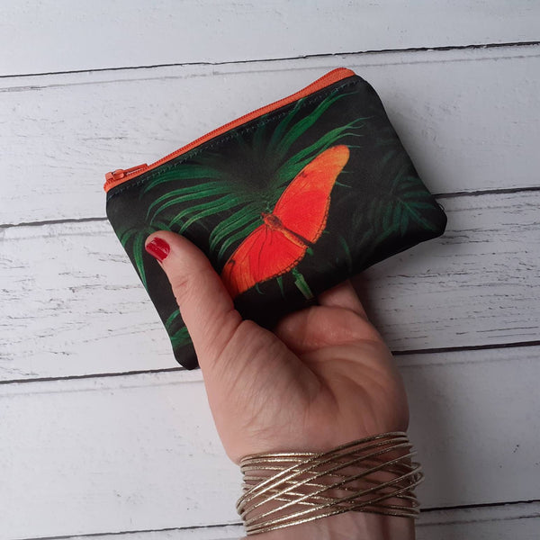 Handmade Green Tropical Leaf Orange Butterfly Satin Coin Zipper Purse Pouch