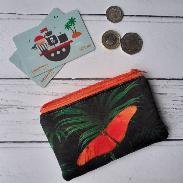 Handmade Green Tropical Leaf Orange Butterfly Satin Coin Zipper Purse Pouch