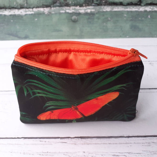 Handmade Green Tropical Leaf Orange Butterfly Satin Coin Zipper Purse Pouch