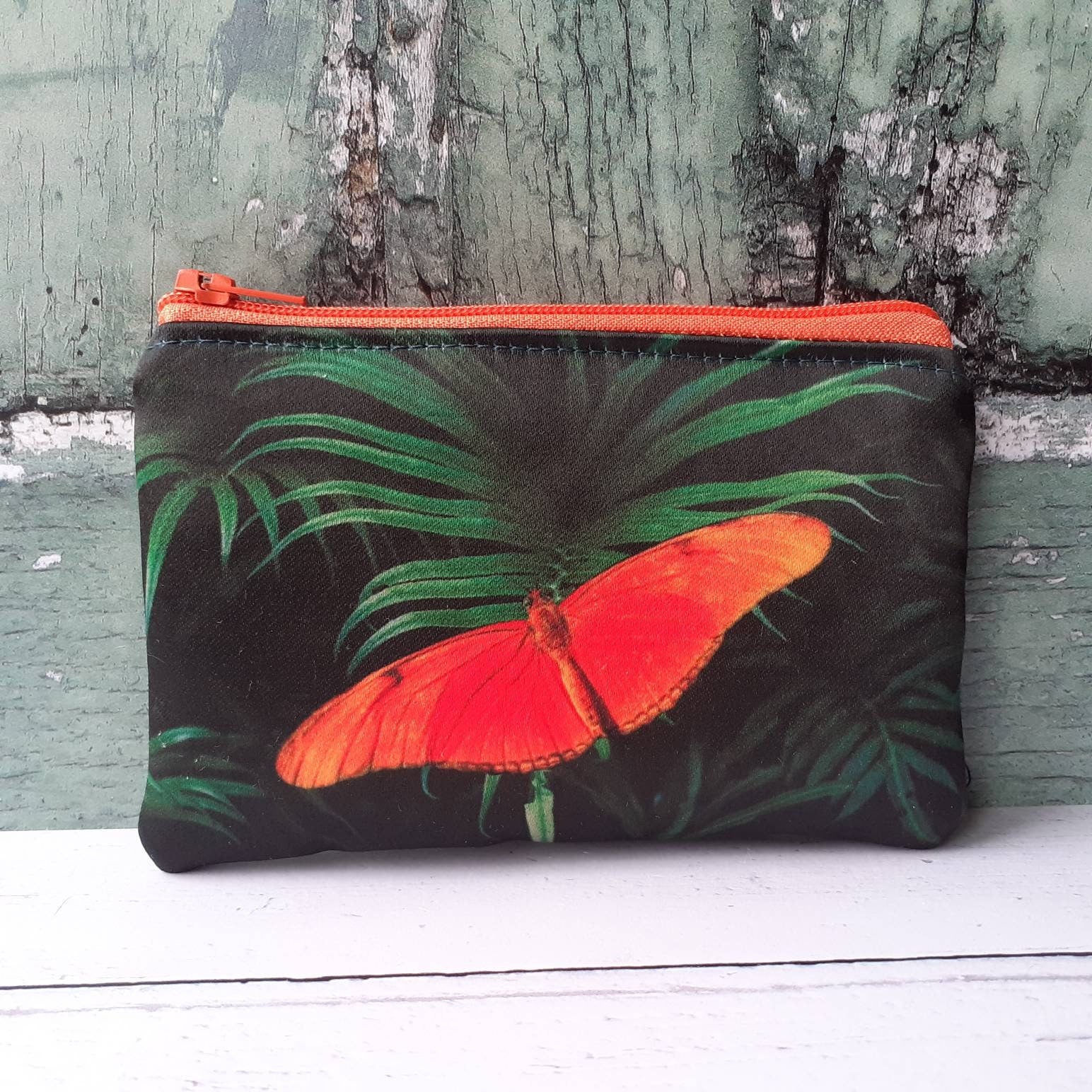 Handmade Green Tropical Leaf Orange Butterfly Satin Coin Zipper Purse Pouch