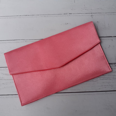 Coral Pink Fold Over Envelope Satin Clutch Bag