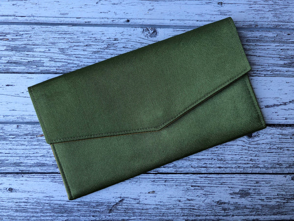 Olive Green Satin Fold Over Envelope Clutch Bag