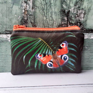 Handmade Green Tropical Leaf Red Butterfly Satin Coin Zipper Purse Pouch