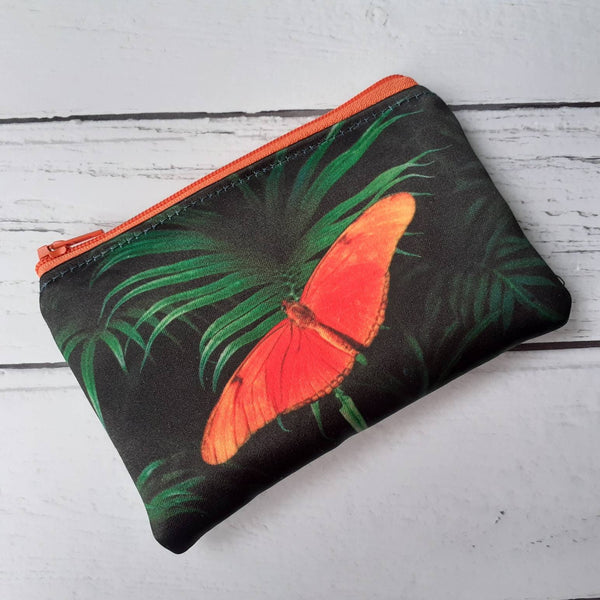 Handmade Green Tropical Leaf Orange Butterfly Satin Coin Zipper Purse Pouch