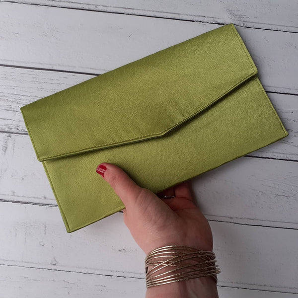 Lime Green Satin Foldover Envelope Clutch Bag