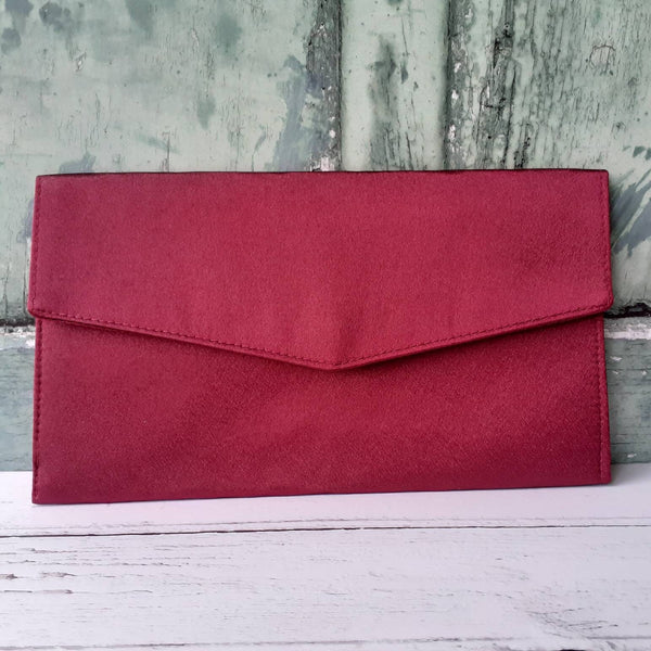 Wine Red Satin Fold Over Envelope Clutch Bag