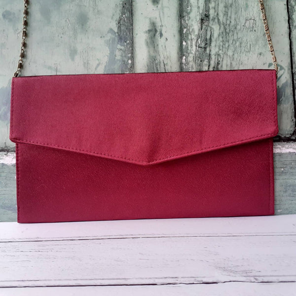 Wine Red Satin Fold Over Envelope Clutch Bag