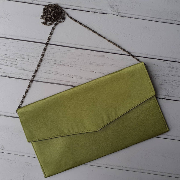 Lime Green Satin Foldover Envelope Clutch Bag