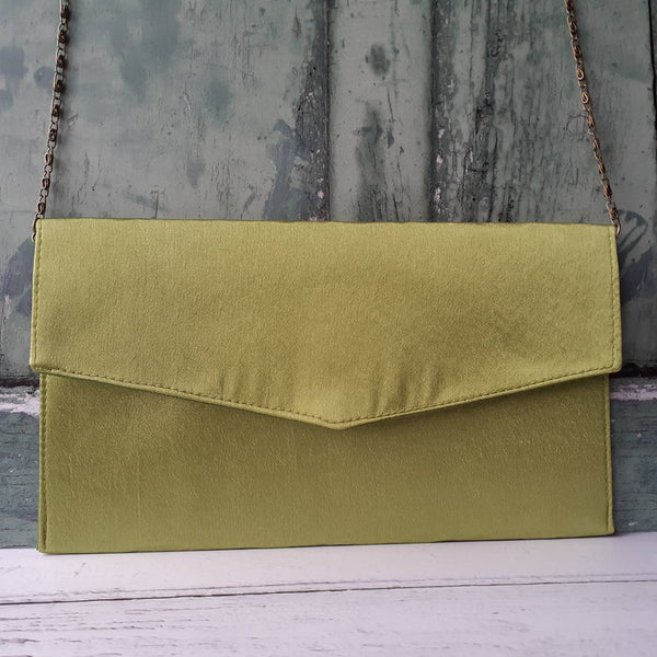 Lime Green Satin Foldover Envelope Clutch Bag