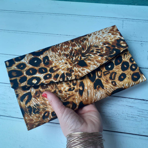 Leopard Print Satin Fold Over Envelope Clutch Bag