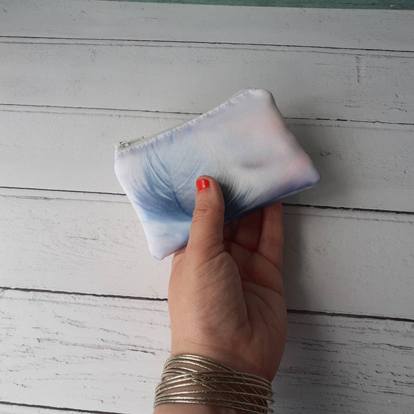 Handmade Blue Feather Satin Coin Purse Zipper Pouch