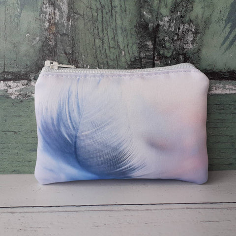 Handmade Blue Feather Satin Coin Purse Zipper Pouch