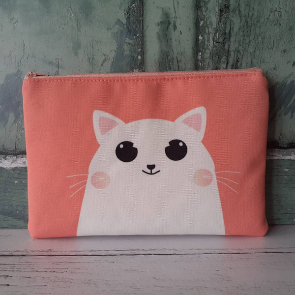 Handmade Peach and White Happy Cartoon Cat Canvas Larger Zipper Pouch