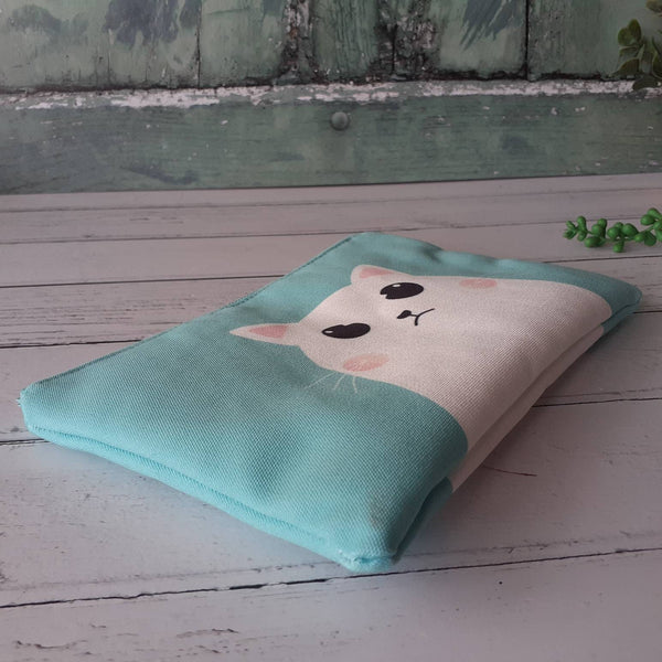 Handmade Mint Green White Grumpy Cartoon Cat Canvas Larger Zipper Pouch