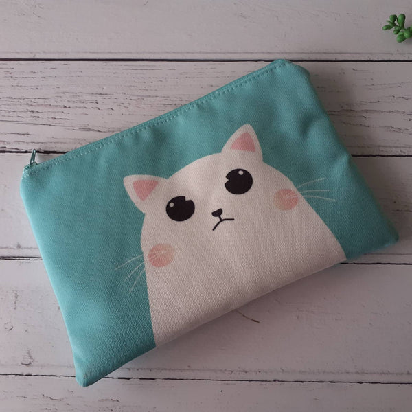 Handmade Mint Green White Grumpy Cartoon Cat Canvas Larger Zipper Pouch