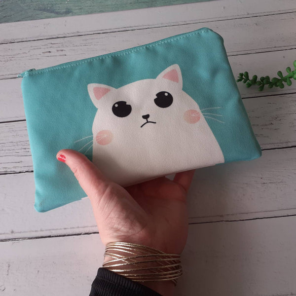 Handmade Mint Green White Grumpy Cartoon Cat Canvas Larger Zipper Pouch