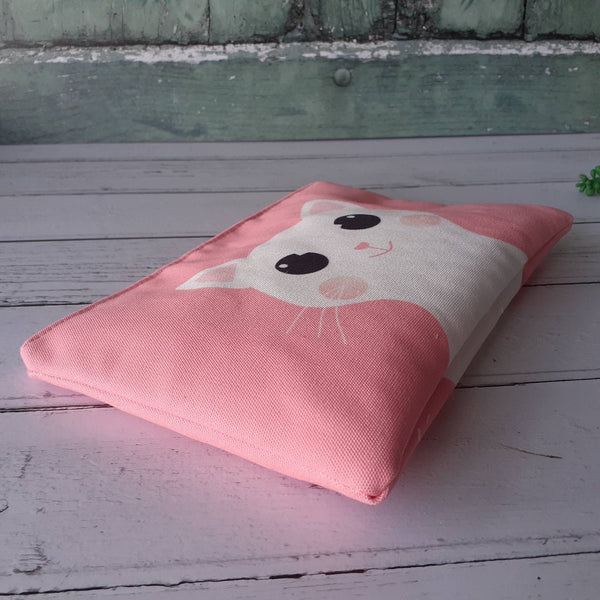 Handmade Pink Cute White Cartoon Cat Canvas Larger Zipper Pouch