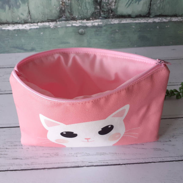 Handmade Pink Cute White Cartoon Cat Canvas Larger Zipper Pouch