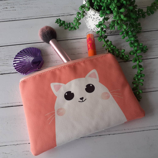 Handmade Peach and White Happy Cartoon Cat Canvas Larger Zipper Pouch