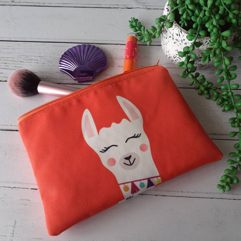 Handmade Orange and White Llama Canvas Larger Zipper Pouch