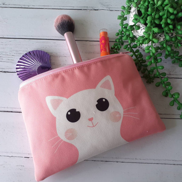 Handmade Pink Cute White Cartoon Cat Canvas Larger Zipper Pouch