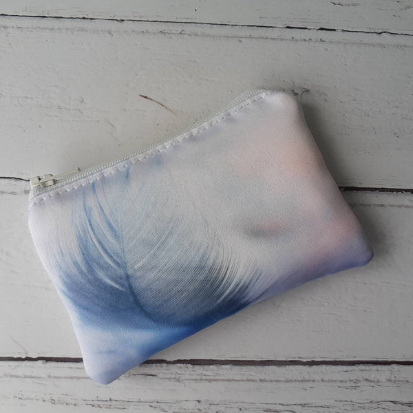 Handmade Blue Feather Satin Coin Purse Zipper Pouch