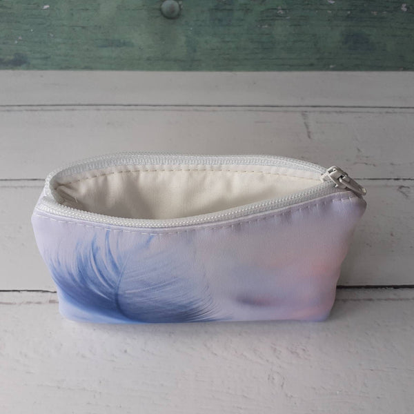 Handmade Blue Feather Satin Coin Purse Zipper Pouch