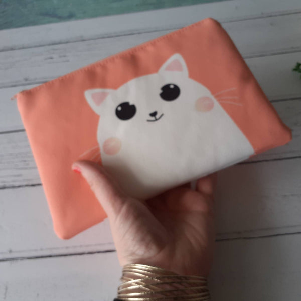 Handmade Peach and White Happy Cartoon Cat Canvas Larger Zipper Pouch