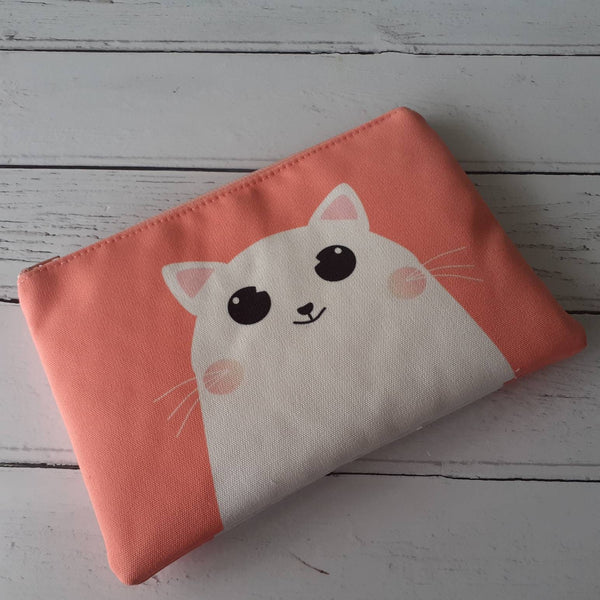 Handmade Peach and White Happy Cartoon Cat Canvas Larger Zipper Pouch