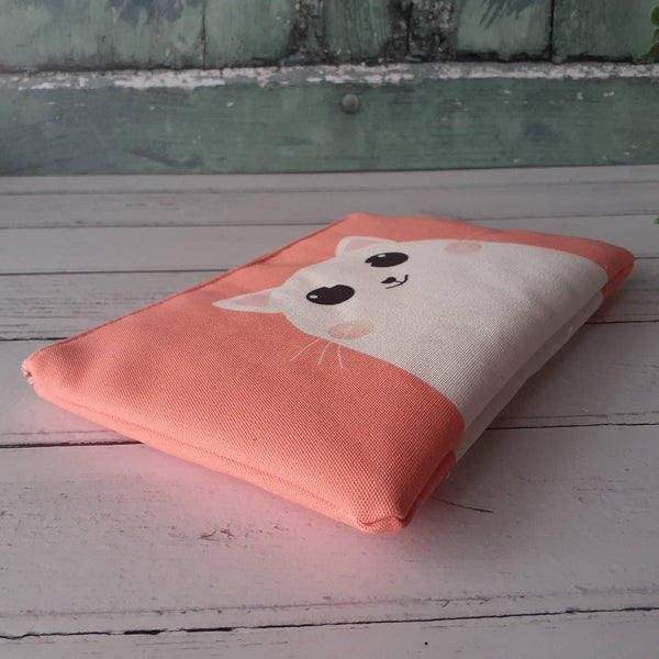 Handmade Peach and White Happy Cartoon Cat Canvas Larger Zipper Pouch