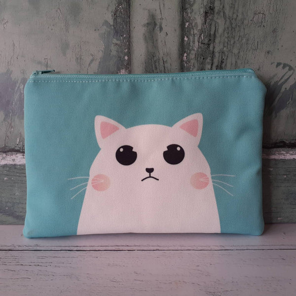 Handmade Mint Green White Grumpy Cartoon Cat Canvas Larger Zipper Pouch