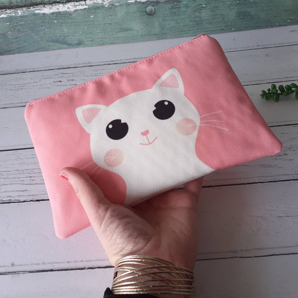 Handmade Pink Cute White Cartoon Cat Canvas Larger Zipper Pouch