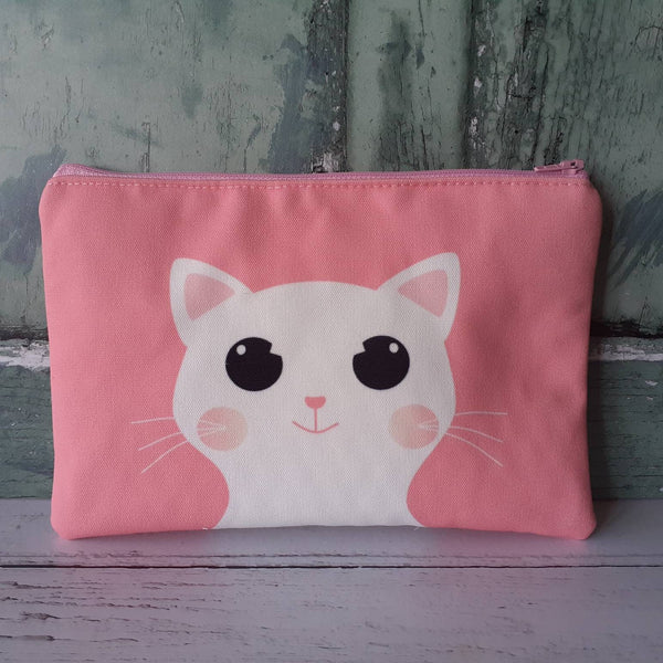 Handmade Pink Cute White Cartoon Cat Canvas Larger Zipper Pouch