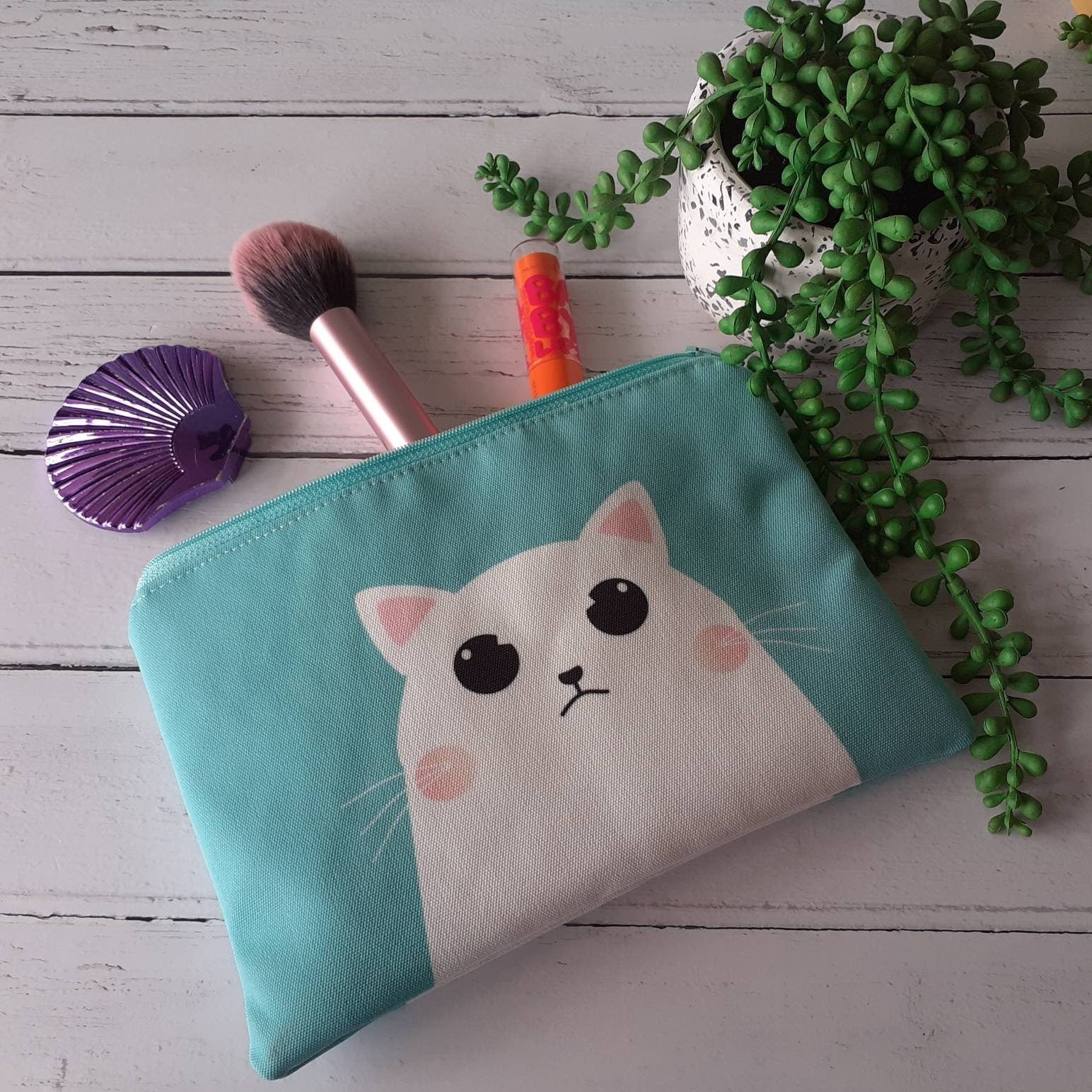 Handmade Mint Green White Grumpy Cartoon Cat Canvas Larger Zipper Pouch