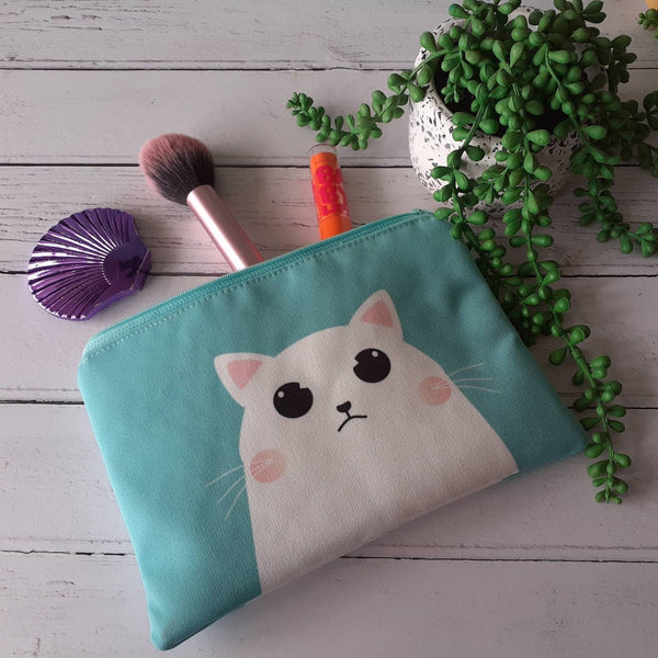 Handmade Mint Green White Grumpy Cartoon Cat Canvas Larger Zipper Pouch