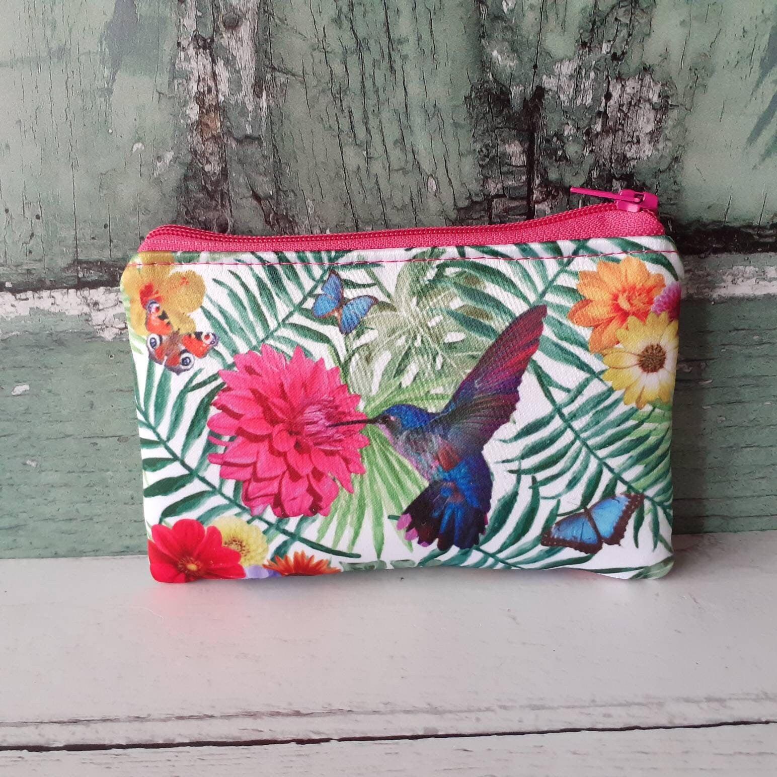 Tropical Blue Hummingbird Floral Satin Coin Zipper Purse Pouch